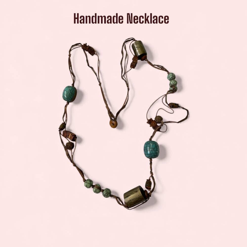 Handmade Artistic Necklace Raffia Wooden Beads Long 44”